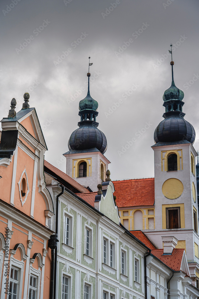 Telc, Czech Republic - April 23 2023 : Historical village in cloudy weather, HDR Image