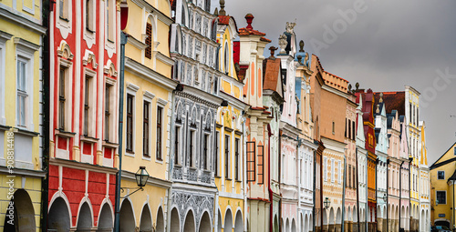 Obraz na płótnie Telc, Czech Republic - April 23 2023 : Historical village in cloudy weather, HDR Image w salonie