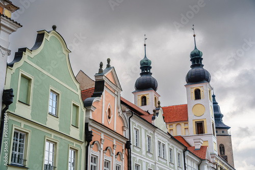 Obraz na płótnie Telc, Czech Republic - April 23 2023 : Historical village in cloudy weather, HDR Image w salonie