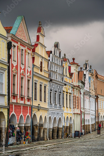 Obraz na płótnie Telc, Czech Republic - April 23 2023 : Historical village in cloudy weather, HDR Image w salonie