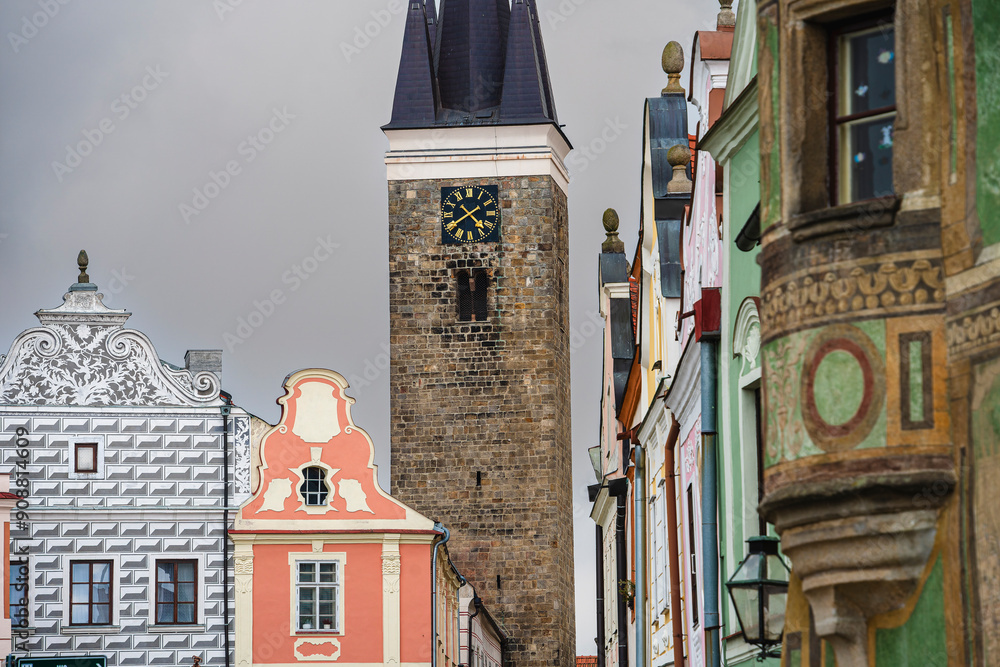 Telc, Czech Republic - April 23 2023 : Historical village in cloudy weather, HDR Image