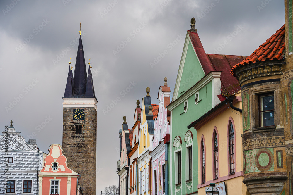 Telc, Czech Republic - April 23 2023 : Historical village in cloudy weather, HDR Image