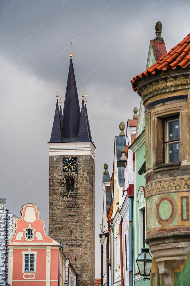 Telc, Czech Republic - April 23 2023 : Historical village in cloudy weather, HDR Image