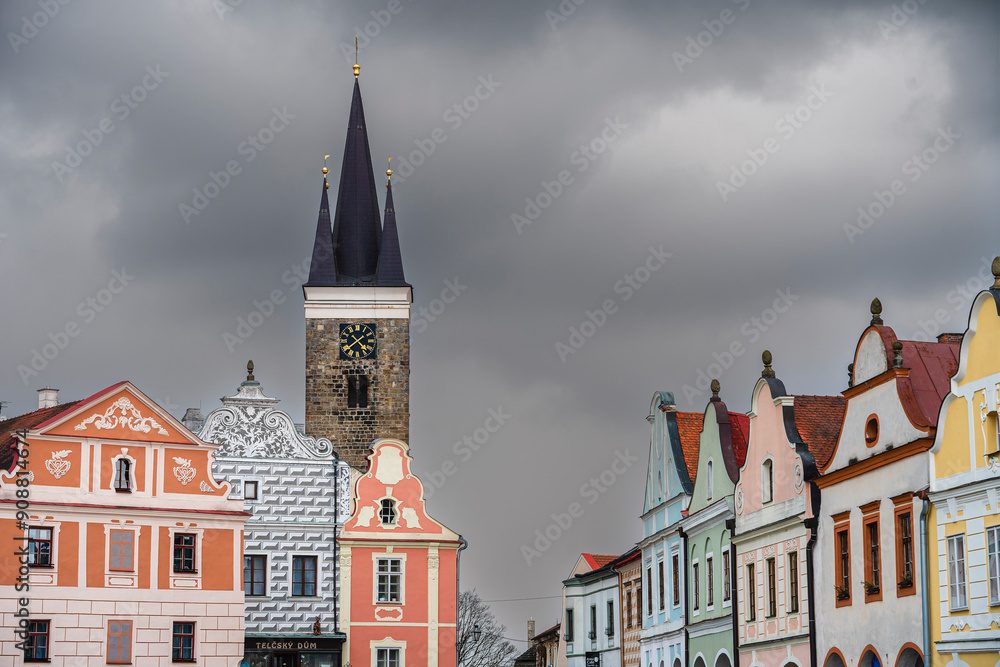 Telc, Czech Republic - April 23 2023 : Historical village in cloudy weather, HDR Image