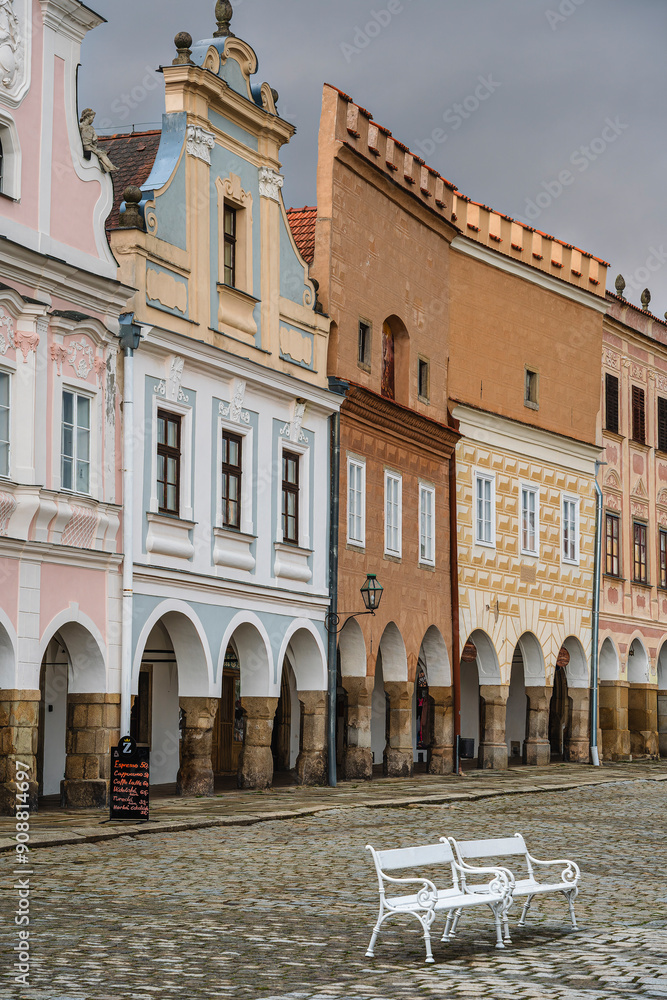 Telc, Czech Republic - April 23 2023 : Historical village in cloudy weather, HDR Image