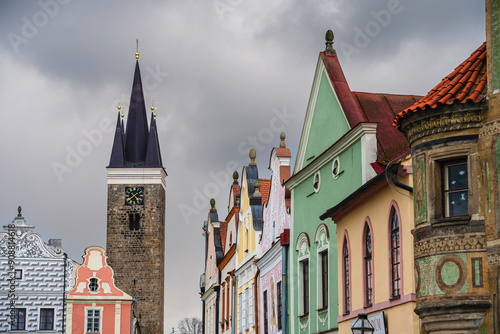 Obraz na płótnie Telc, Czech Republic - April 23 2023 : Historical village in cloudy weather, HDR Image w salonie