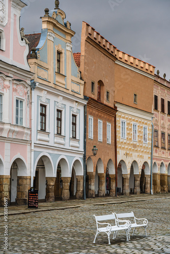 Obraz na płótnie Telc, Czech Republic - April 23 2023 : Historical village in cloudy weather, HDR Image w salonie
