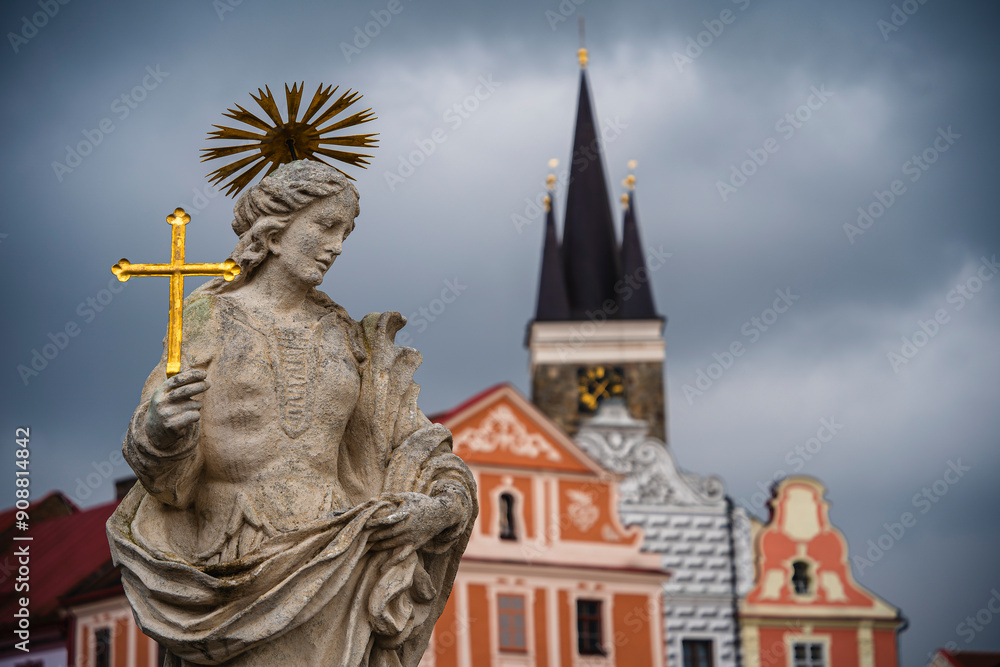 Telc, Czech Republic - April 23 2023 : Historical village in cloudy weather, HDR Image