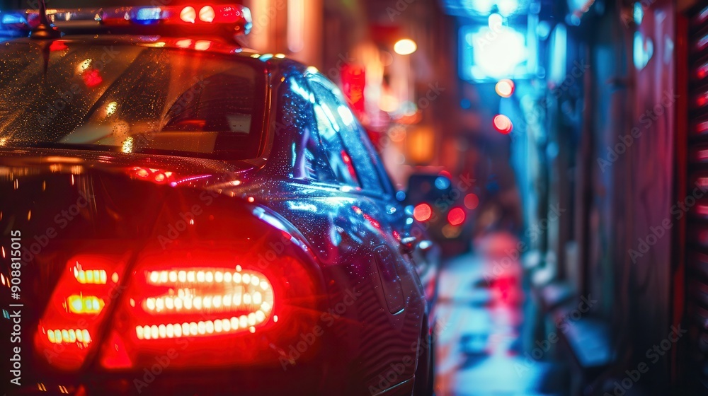 Close-up of a police car with flashing red and blue lights in a narrow city street at night. The photo should highlight the dramatic effect of the lights reflecting off the narrow walls Close-up of a police car with flashing red and blue lights in a narrow city street at night. The photo should highlight the dramatic effect of the lights reflecting off the narrow walls