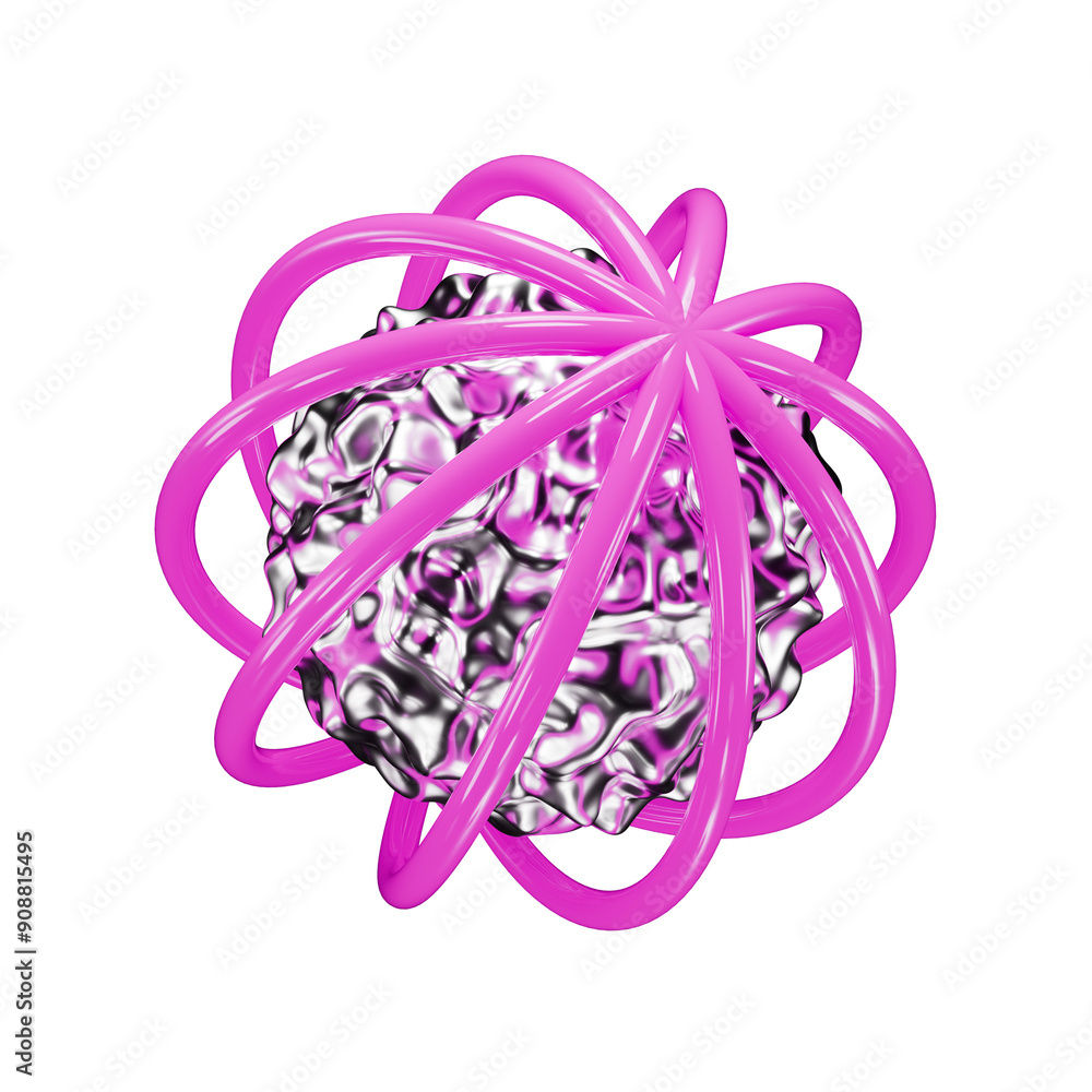 Abstract geometric shape with silver sphere and bright pink glossy plastic tubes on a transparent background. Abstract geometric shape with silver sphere and bright pink glossy plastic tubes on a transparent background.