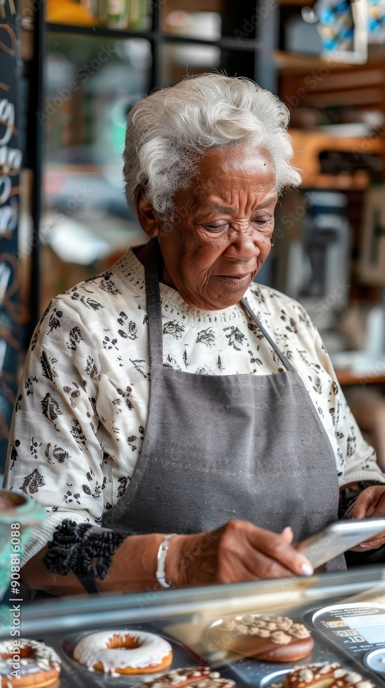 An elderly woman carefully inspects a dessert in a bakery filled with delicious treats An elderly woman carefully inspects a dessert in a bakery filled with delicious treats