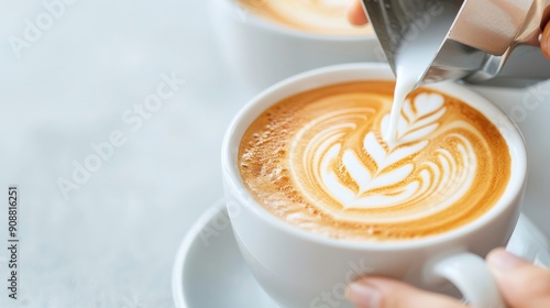 Close-up view of latte art being poured into a coffee cup, showcasing creamy textures and intricate designs for coffee lovers. photo