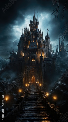 Abstract Halloween dark castle with full moon wallpaper High quality photo 