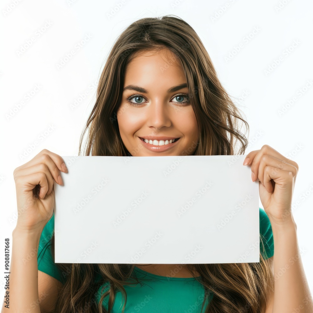 Smiling Woman Holding Blank White Sign Smiling Woman Holding Blank White Sign