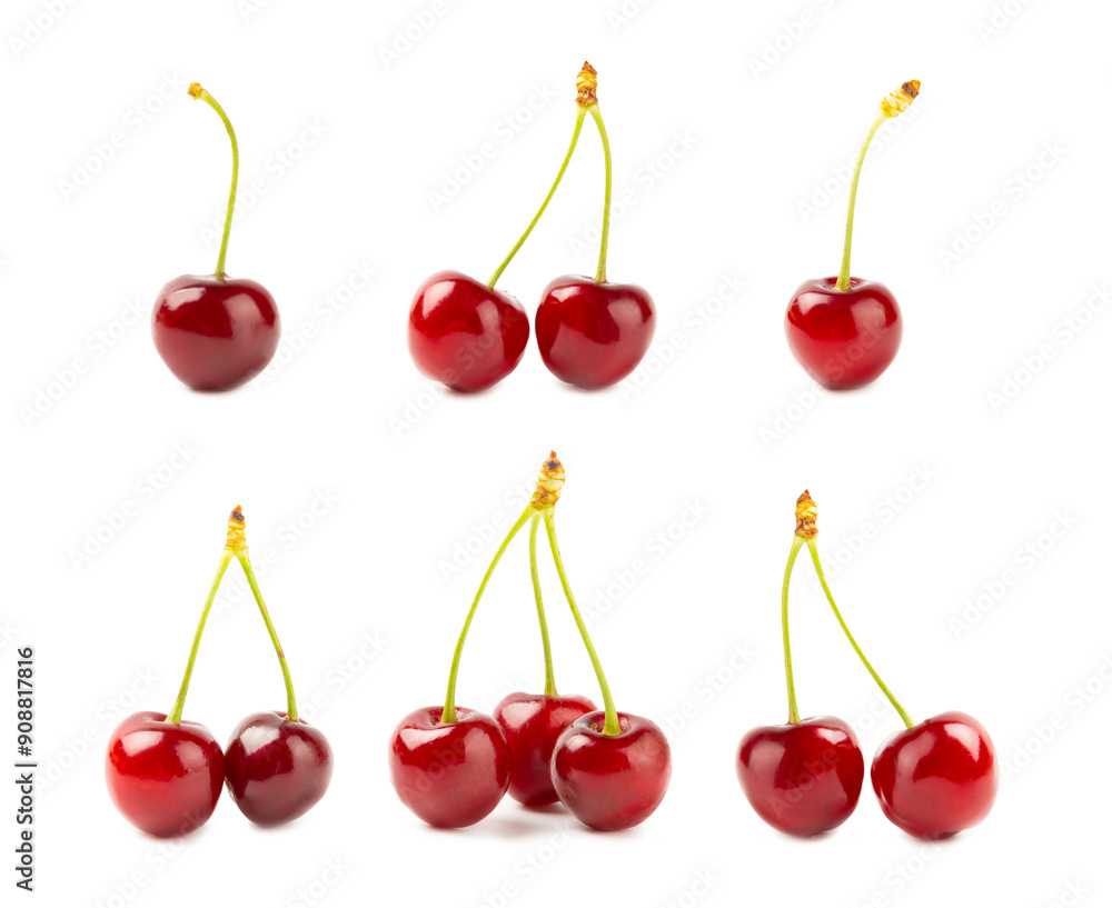 Cherry isolated. Fresh ripe cherries with leaves isolated on a white background.Sweet cherries pile. Berries and fruits. Vegan. Healthy eating. Cherry isolated. Fresh ripe cherries with leaves isolated on a white background.Sweet cherries pile. Berries and fruits. Vegan. Healthy eating.