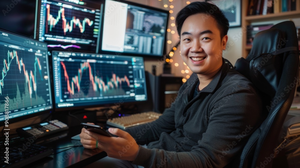 Happy and successful Asian business man sitting at home office in front of monitor with cryptocurrency graph holding smartphone to check cryptocurrency price application with Happy and successful Asian business man sitting at home office in front of monitor with cryptocurrency graph holding smartphone to check cryptocurrency price application with