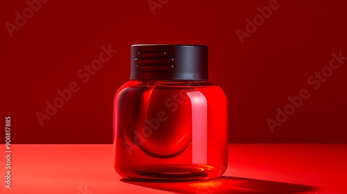 A red transparent bottle with a black cap is placed against a vibrant red background, ideal for use in design projects related to beauty products, health supplements