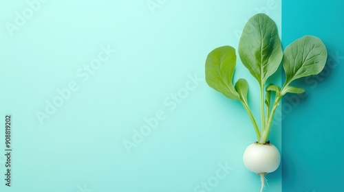 Single white radish with green leaves on a turquoise background.