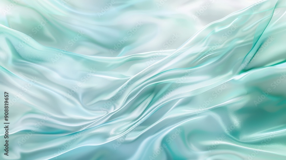 Fototapeta premium Flowing layers of fabric in soft teal and aqua tones create a serene and dreamy atmosphere, gently blending into a blurred background