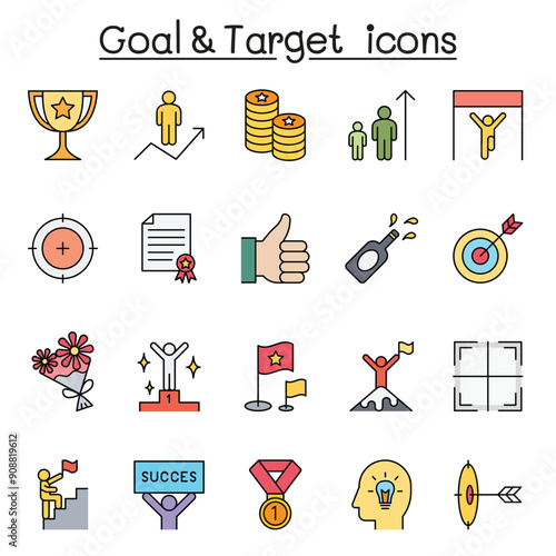 Goal and target icon set in color line style