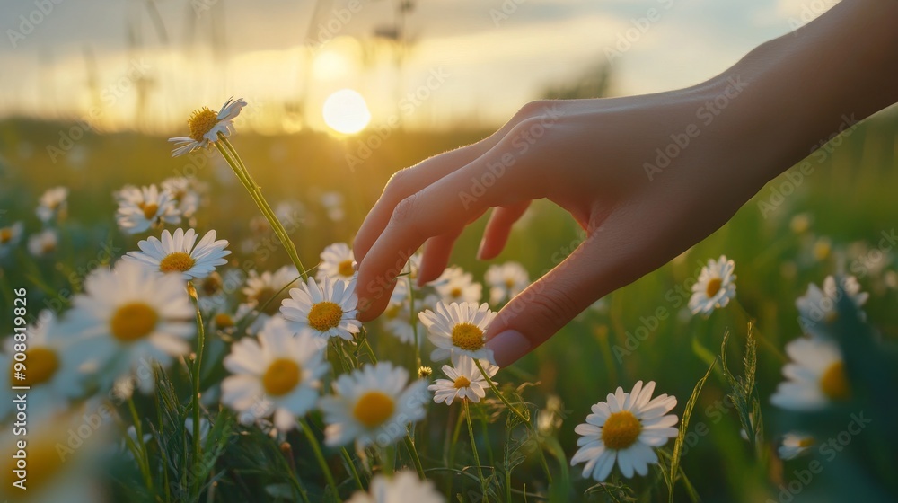 female hand touching daisies in the field, close-up female hand touching daisies in the field, close-up