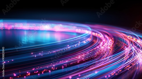 Colorful light trails swirl in a dynamic, abstract motion, creating a vibrant and energetic visual effect on a dark background.