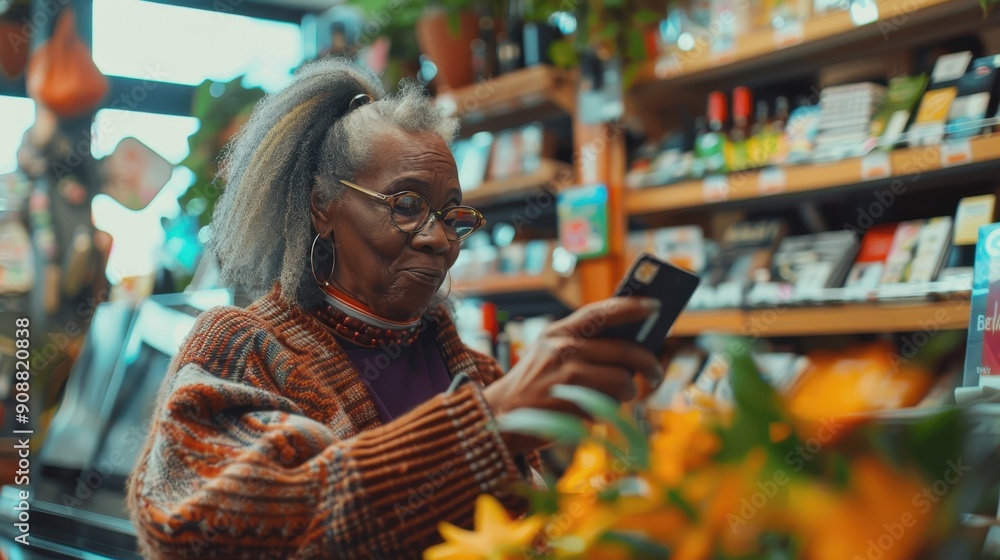 An elderly woman enjoys using her smartphone while surrounded by colorful flowers in a local shop An elderly woman enjoys using her smartphone while surrounded by colorful flowers in a local shop