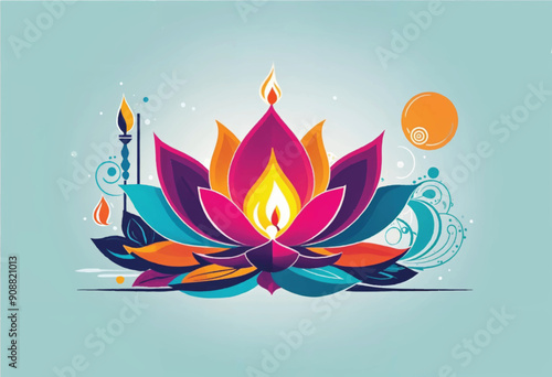 a colorful illustration of a lotus flower with a diya oil candle in it  and geometric elements