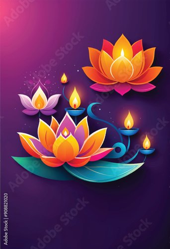 a purple background with a colorful lotus flowers and diya oil candles on a purple background