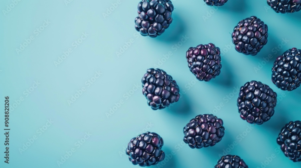 Scattered blackberries on a blue background. Scattered blackberries on a blue background.