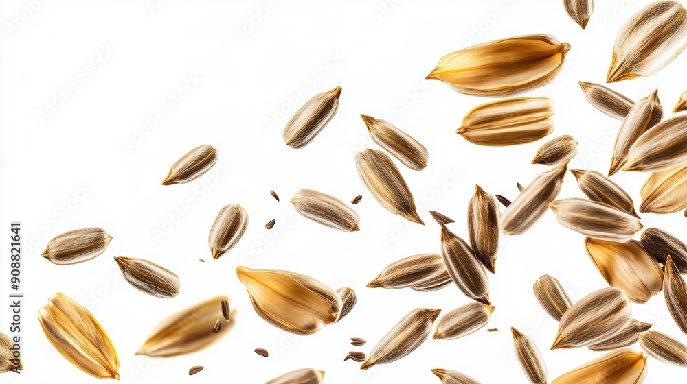 Flying and falling sunflower seeds isolated on white background. Long horizontal layout. Package design element with clipping path Flying and falling sunflower seeds isolated on white background. Long horizontal layout. Package design element with clipping path