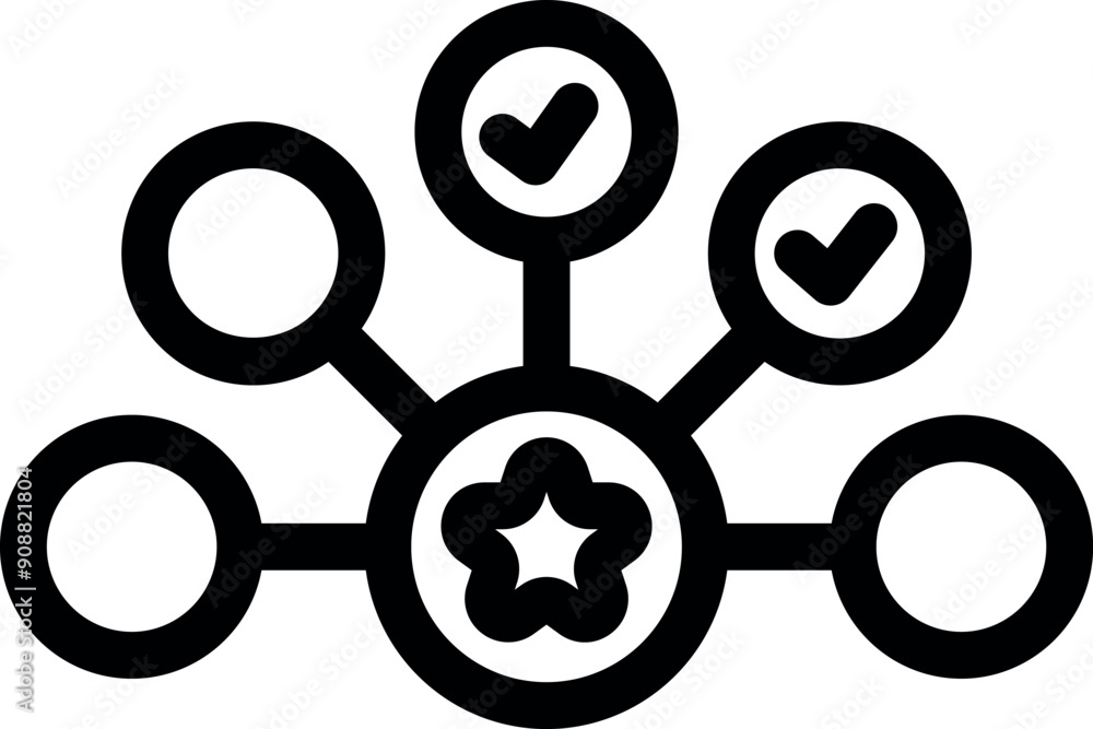 Network marketing icon showing a starred hub with checked circles connected Network marketing icon showing a starred hub with checked circles connected