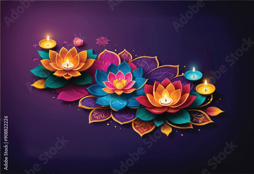 a colorful diwali diya design with lotus flowers and rangoli patterns on purple background