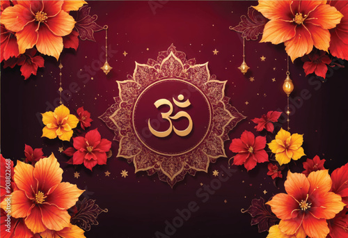 a poster with a gold om symbol inside rangoli pattern and flowers element on it