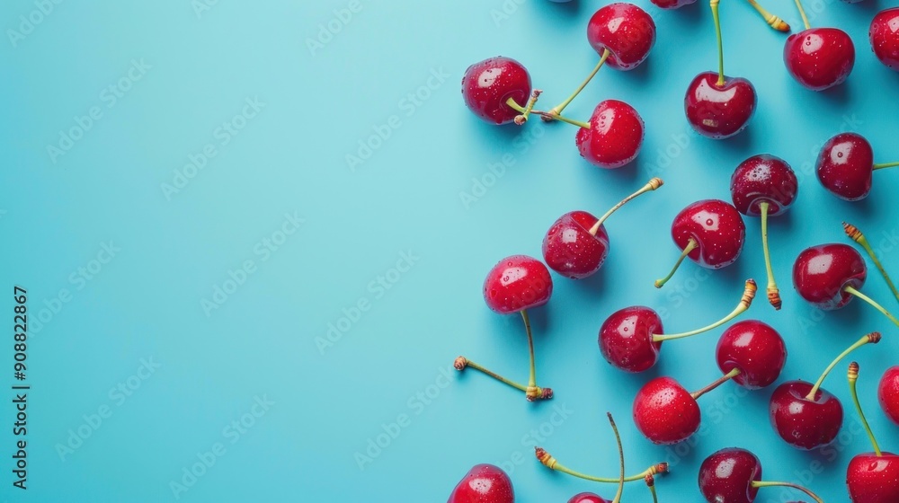 Obraz premium Red cherries on a blue background.