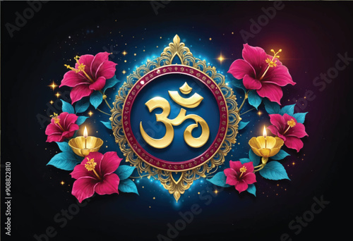 a diwali sign with om symbol inside rangoli ornaments surrounded by floral elements and diyas