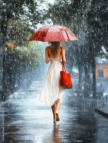 A woman walking in the rain with an umbrella