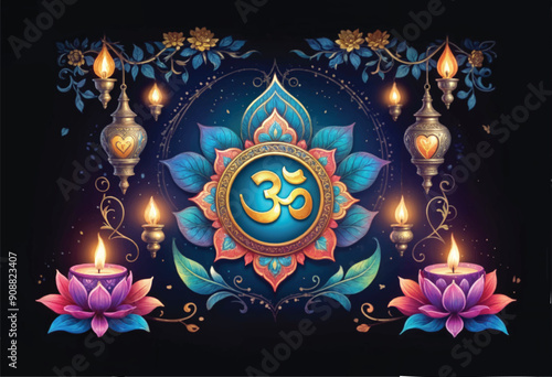 a diwali vector illustration of the om symbol with a gold frame with diya and lotus flowers