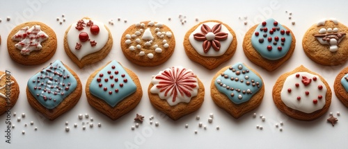 A beautiful arrangement of decorated cookies with vibrant icing and festive patterns, perfect for holiday celebrations.