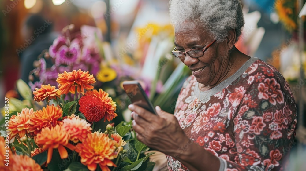 An elderly woman enjoys using her smartphone while surrounded by vibrant flowers at a bustling market An elderly woman enjoys using her smartphone while surrounded by vibrant flowers at a bustling market