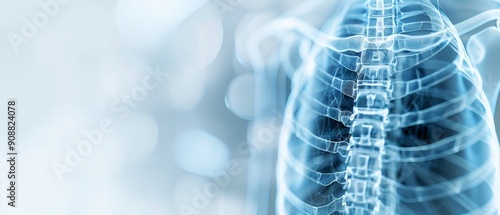 Detailed anatomical illustration of a human ribcage showcasing the spine and ribs in a soft blue hue. photo