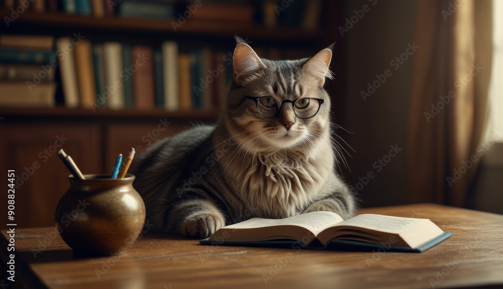 Intellectual Cat with Glasses Reading Intellectual Cat with Glasses Reading