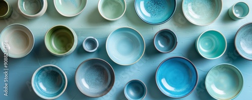 Blue and green ceramic tableware arranged on textured blue background