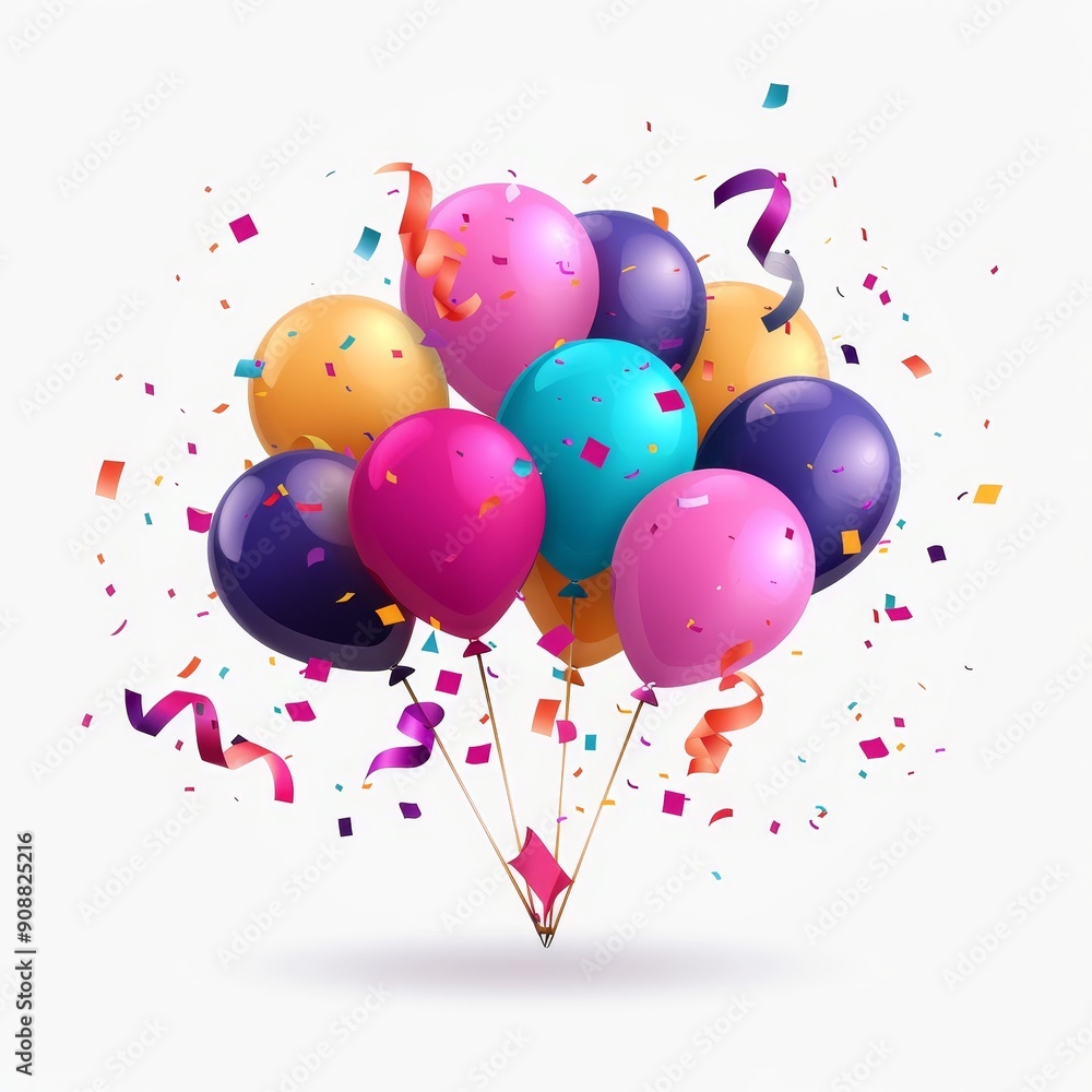 A vibrant bunch of colorful balloons and confetti celebrating a joyful event on a white background. A vibrant bunch of colorful balloons and confetti celebrating a joyful event on a white background.