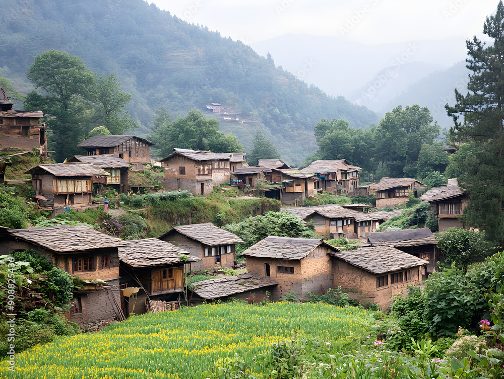 Scenic Rural Landscape with Traditional Houses Nestled in Green Valley, Steep Wooden Roofs, Earthy Materials and Vibrant Yellow Flower Fields Creating Striking Contrast Against Muted Tones