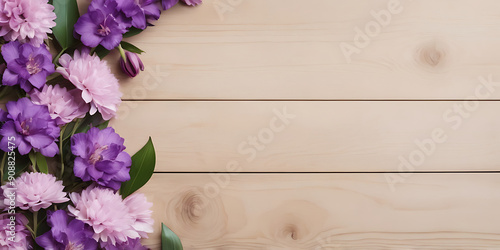 Elegant Floral Ornament with Purple Beautiful Flowers on Wooden Background with Space for Text. photo