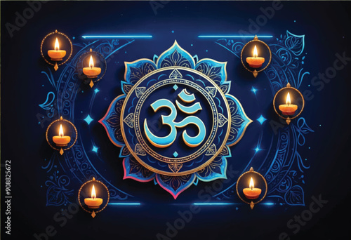 a blue background with a diwali om symbol inside geometric rangoli pattern surrounded by diyas photo