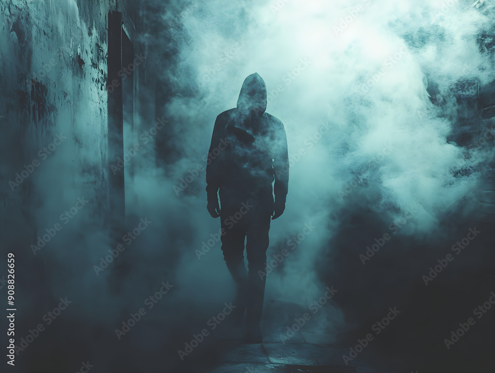 Fototapeta premium Mysterious Figure in Dark Clothing and Hooded Sweatshirt Surrounded by Ethereal Fog in Dimly Lit Alleyway, Creating Intrigue and Suspense Captivating Atmospheric for Film Noir Themes