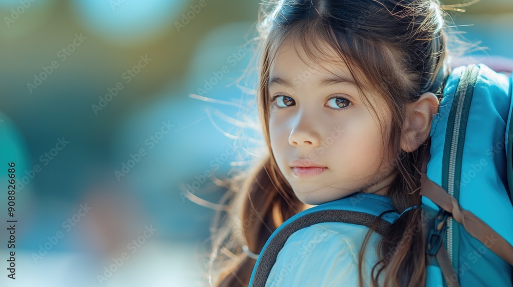 A child with a backpack walks to school on a bright, sunny morning A child with a backpack walks to school on a bright, sunny morning