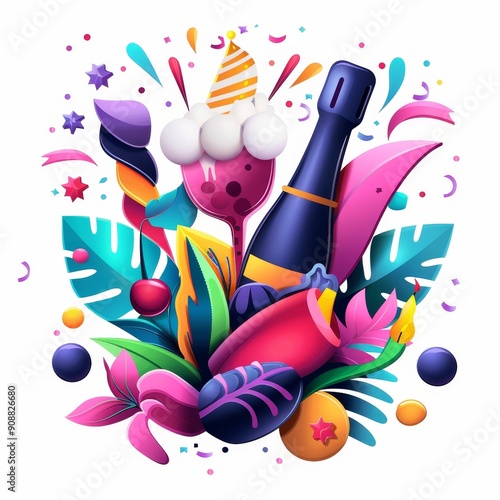 Colorful celebration party with champagne bottle, festive decorations, and vibrant confetti art.